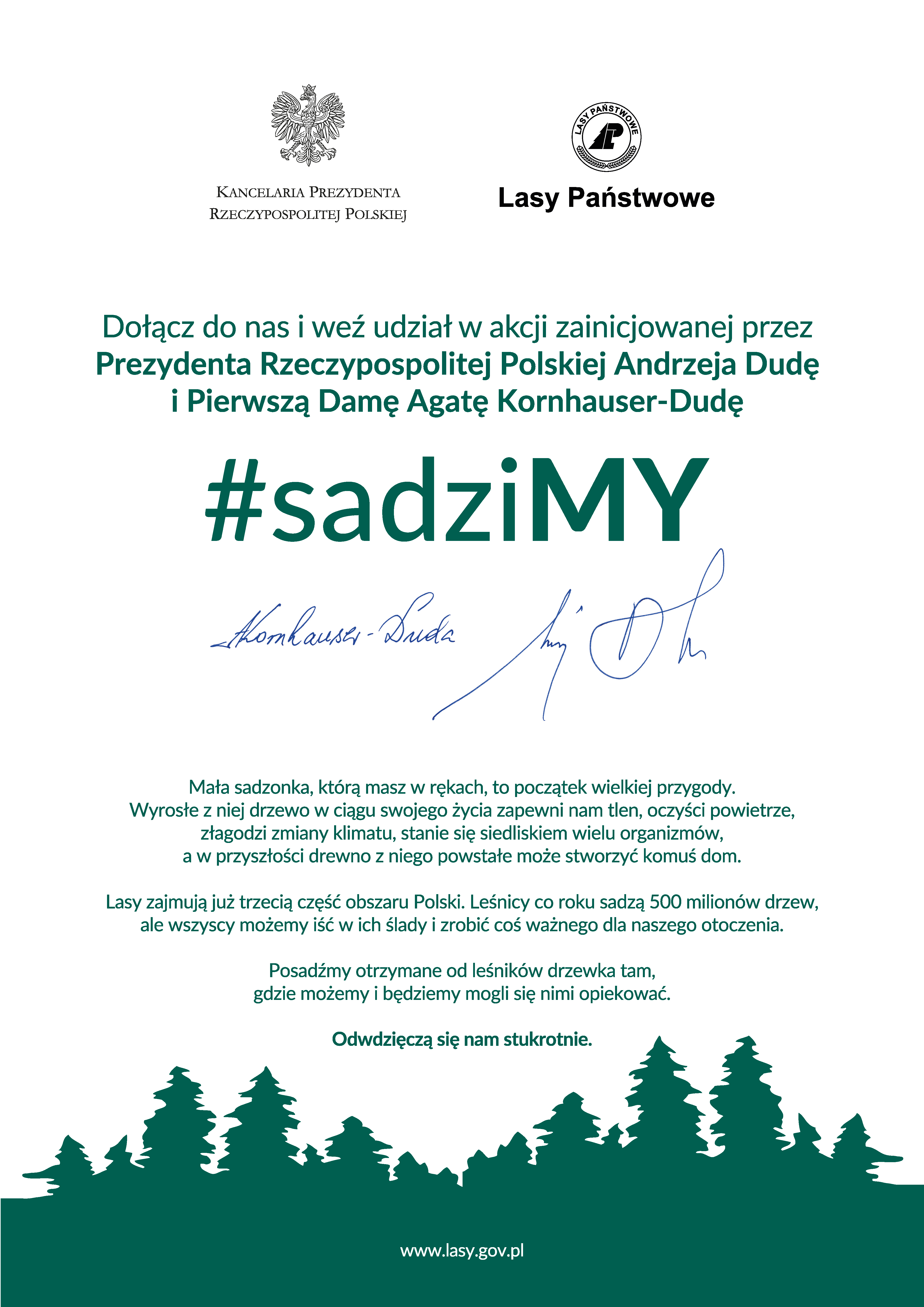 Zdjęcie przedstawia zaproszenie do akcji #sadziMY podpisane przez parę prezydencką